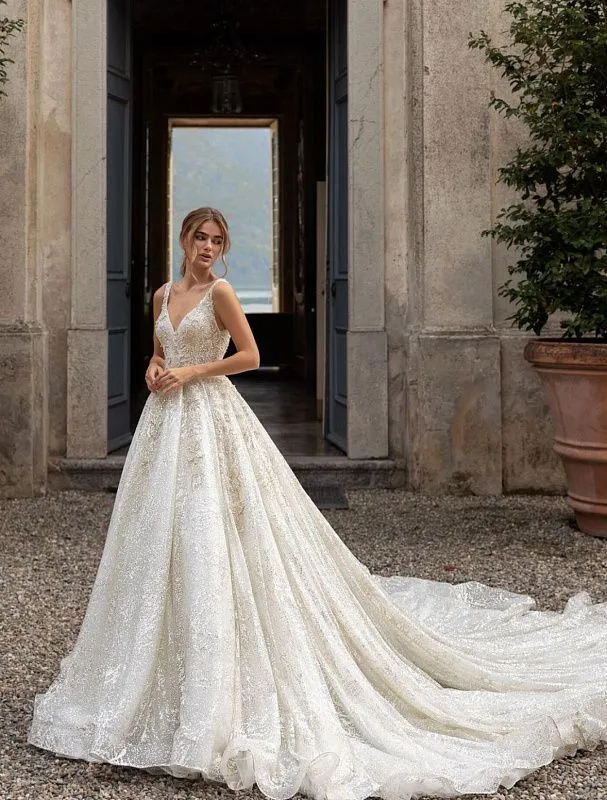 A Line V Neck Flickering White Wedding Dress