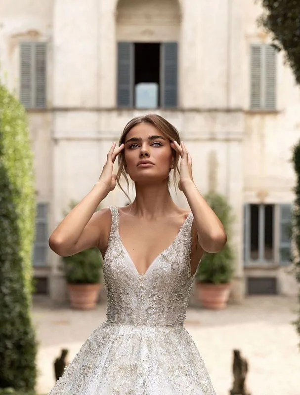 A Line V Neck Flickering White Wedding Dress