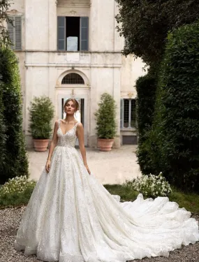A Line V Neck Flickering White Wedding Dress