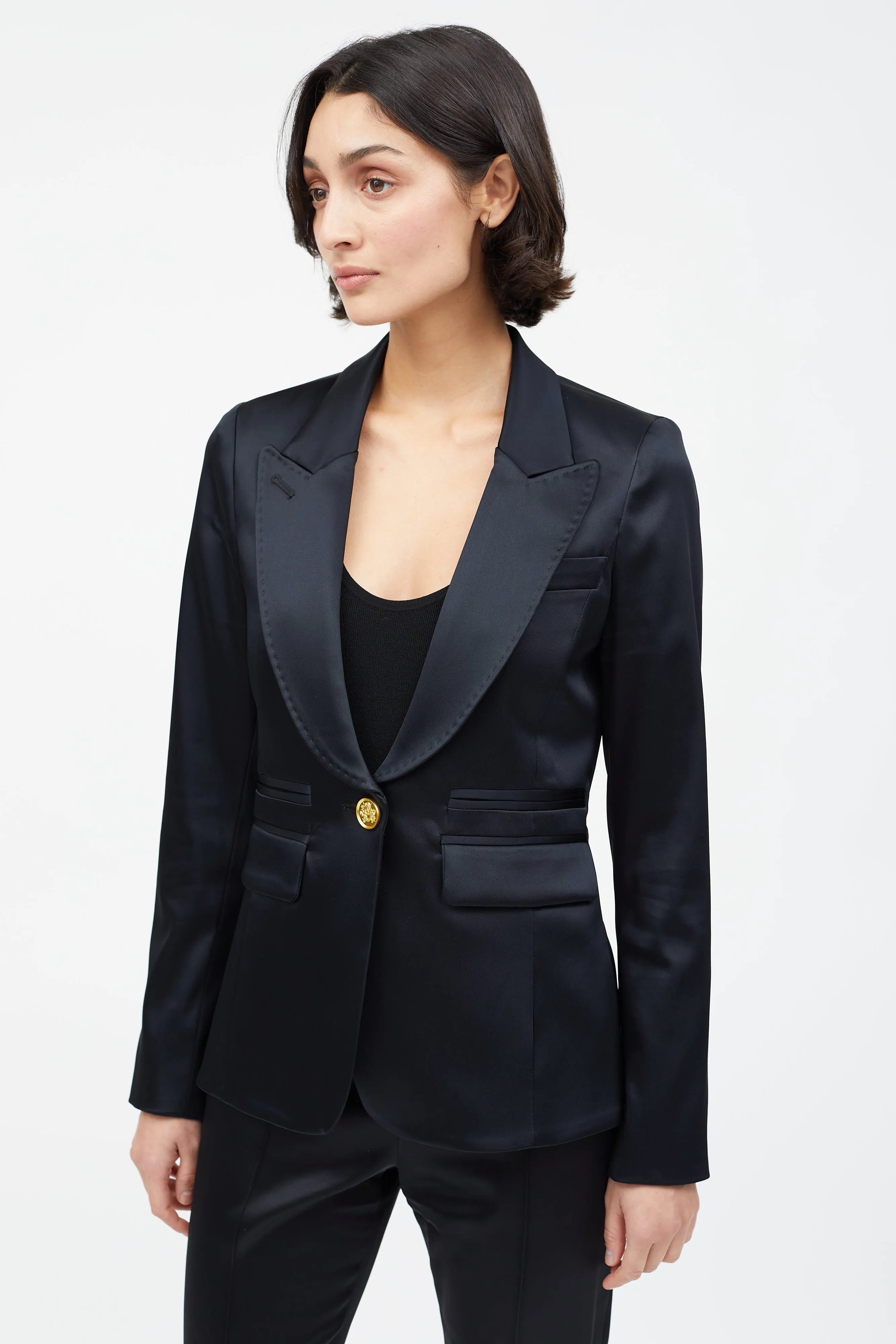 Black Satin & Gold Button Suit