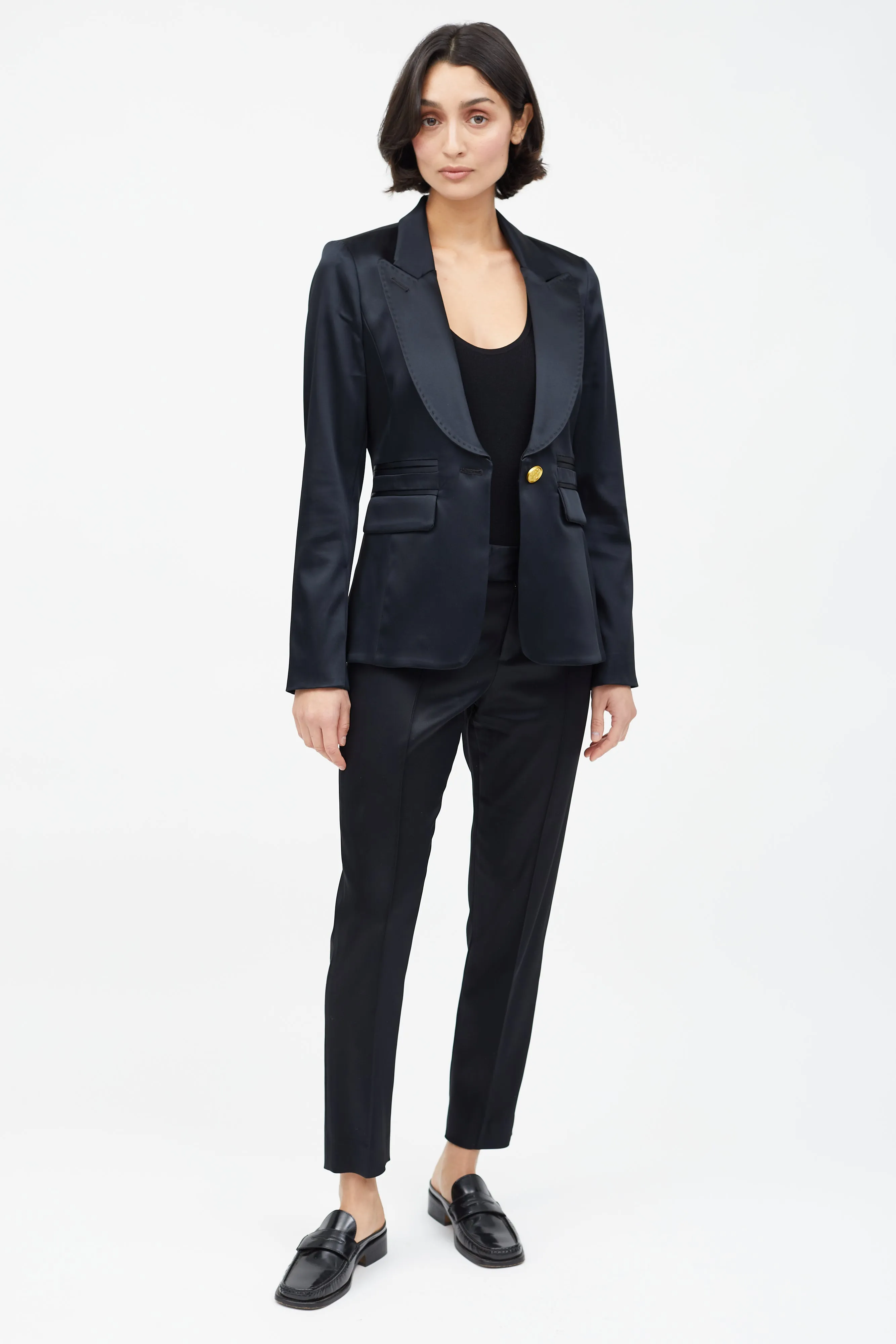 Black Satin & Gold Button Suit
