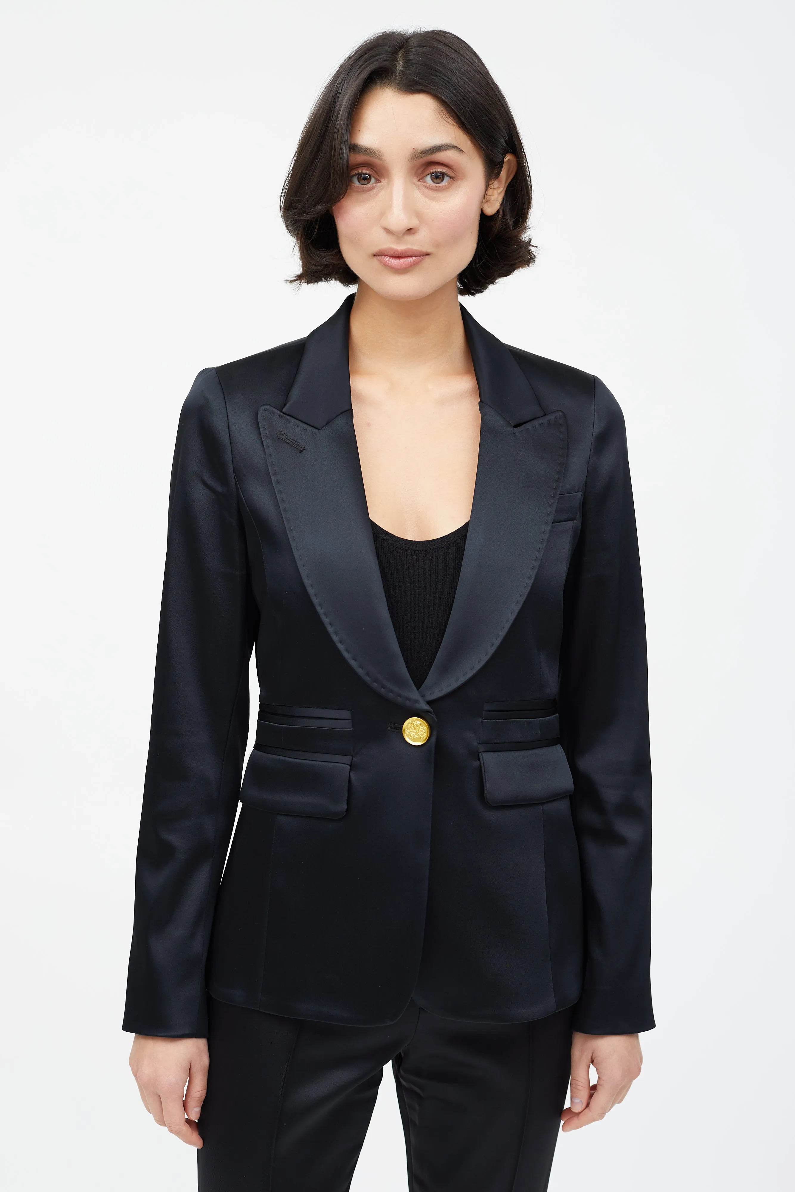 Black Satin & Gold Button Suit