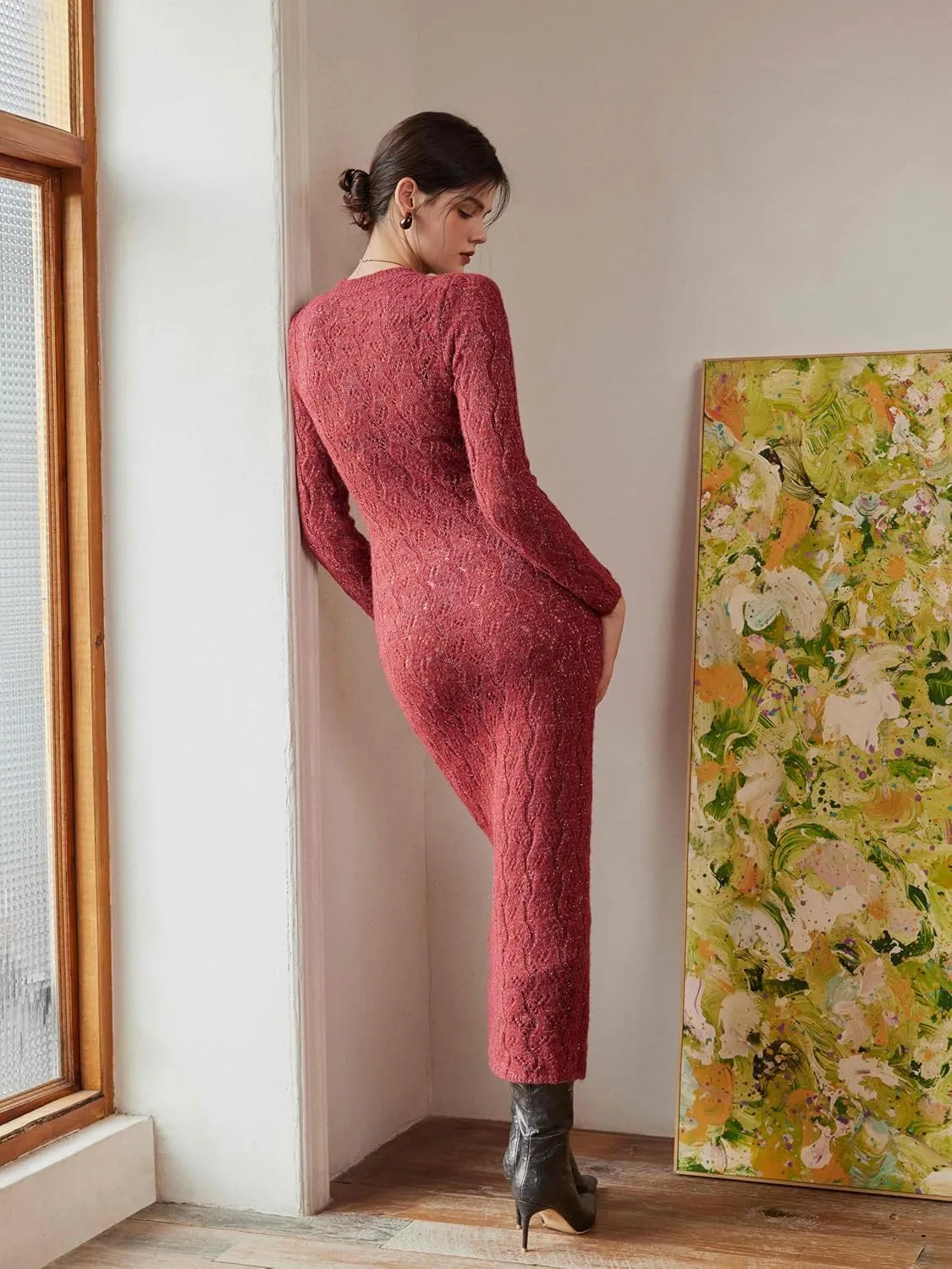 CIDER Burgundy Dress for Women Long Sweater Dresses Mesh Hollow Out Long Sleeve Crew Neck Maxi Winter Dress 2025