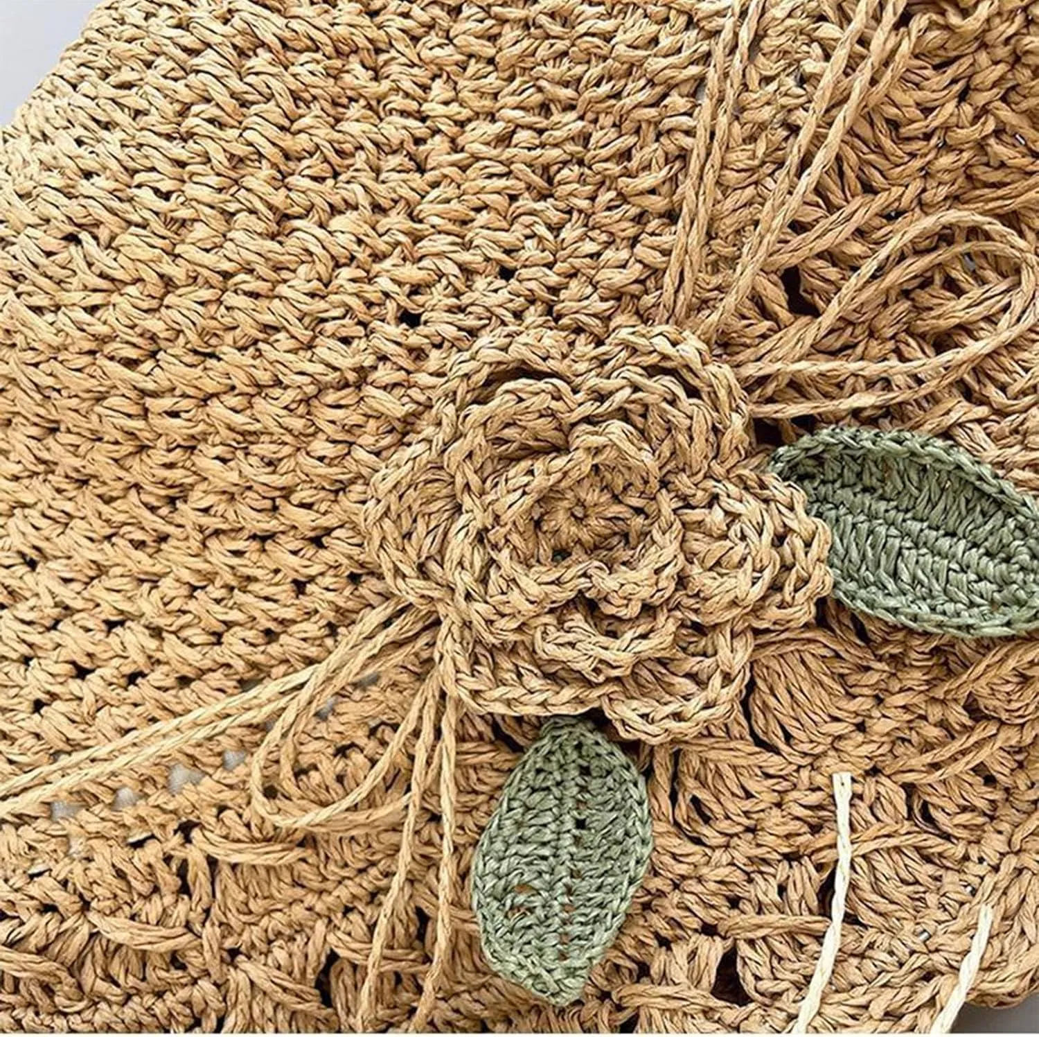 Elegant Crochet Straw Hat with Ruffle Detail,Womens Straw Hats,Foldable Womens Summer Beach Straw Cap