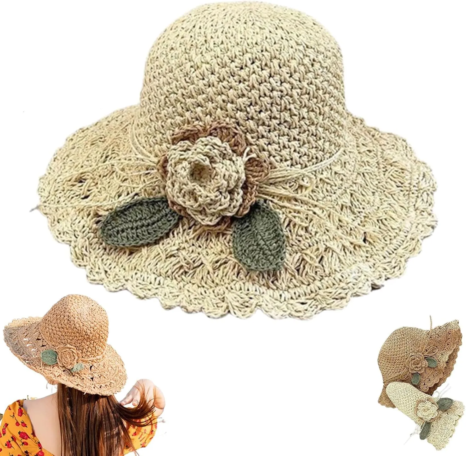 Elegant Crochet Straw Hat with Ruffle Detail,Womens Straw Hats,Foldable Womens Summer Beach Straw Cap