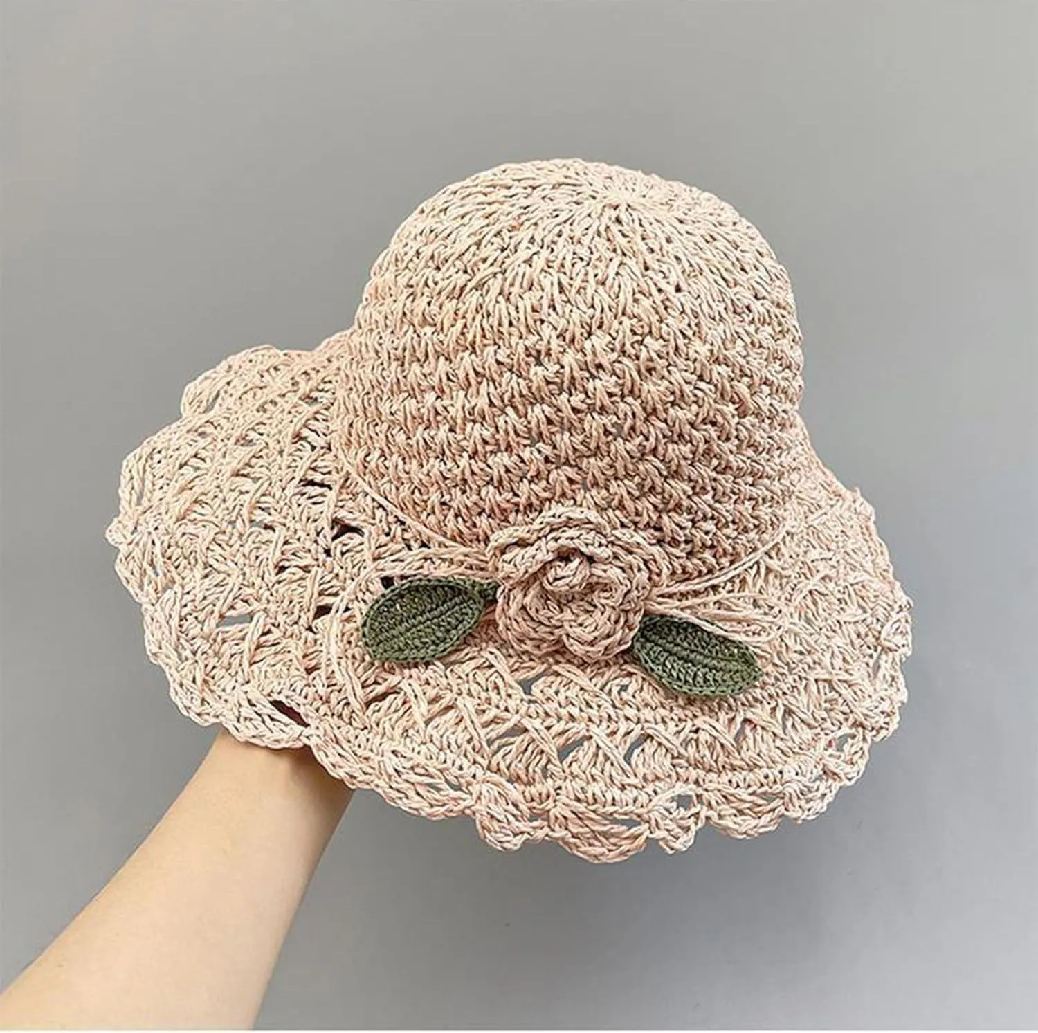 Elegant Crochet Straw Hat with Ruffle Detail,Womens Straw Hats,Foldable Womens Summer Beach Straw Cap