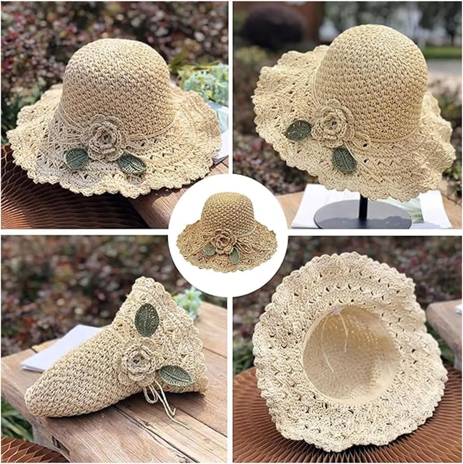 Elegant Crochet Straw Hat with Ruffle Detail,Womens Straw Hats,Foldable Womens Summer Beach Straw Cap