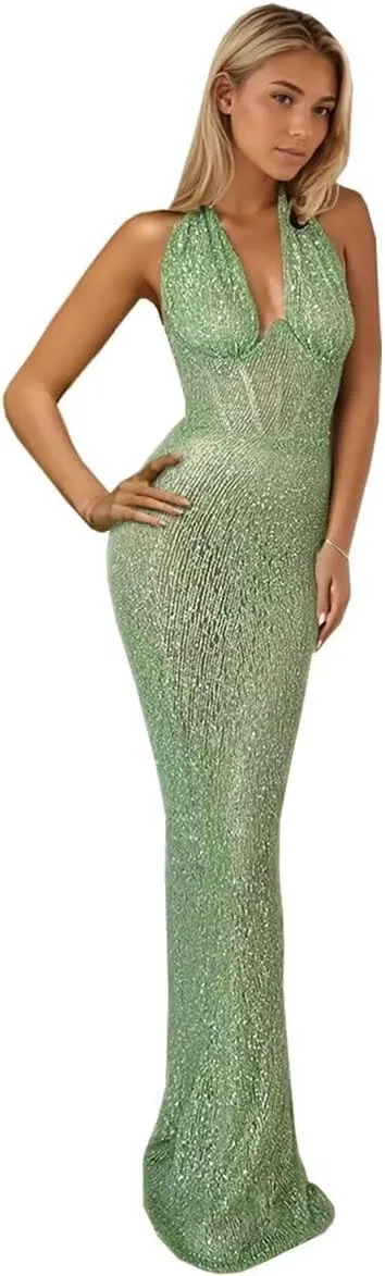 Halter Sparkly Prom Dresses 2024 Deep V Neck Mermaid Sequin Backless Evening Formal Cocktail Party Gowns DR0495