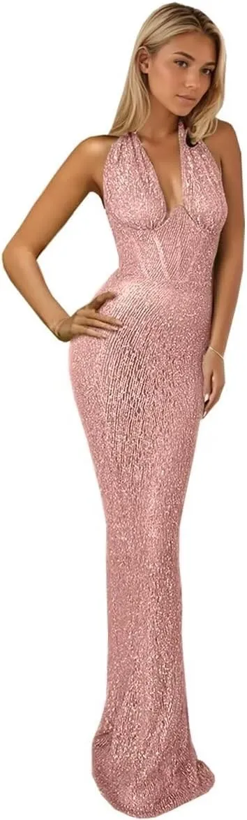 Halter Sparkly Prom Dresses 2024 Deep V Neck Mermaid Sequin Backless Evening Formal Cocktail Party Gowns DR0495
