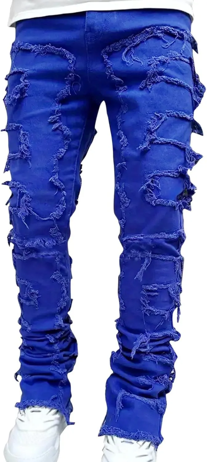 Jeans for Men Relaxed Fit Mens Black Stacked Jeans Slim Fit Ripped Jeans Destroyed Straight Denim Pants
