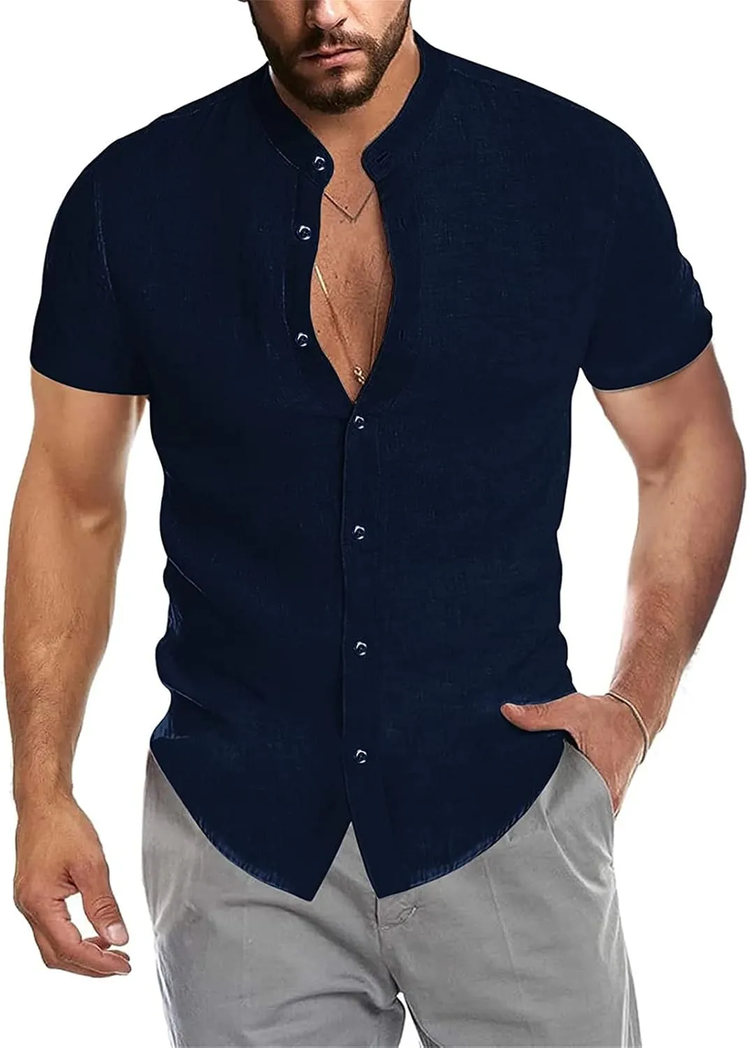 Maiyifu-GJ Men Linen Button Down Beach Shirt Short Sleeve Banded Collar Yoga Shirts Regular Fit Mandarin Collar Dress Shirt