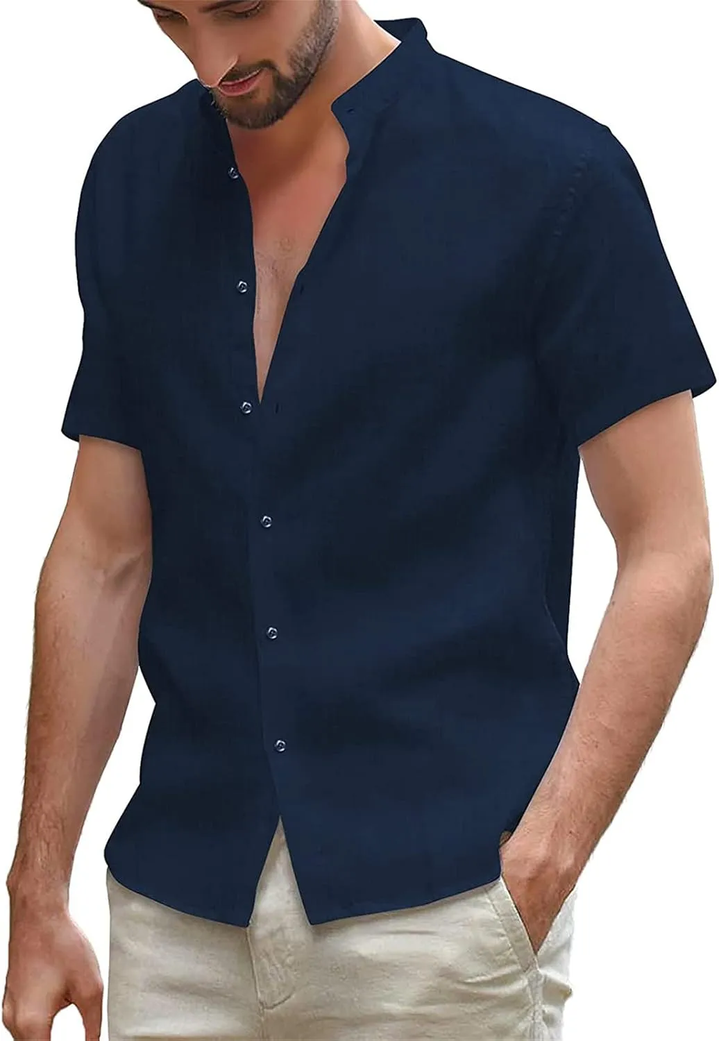 Maiyifu-GJ Men Linen Button Down Beach Shirt Short Sleeve Banded Collar Yoga Shirts Regular Fit Mandarin Collar Dress Shirt