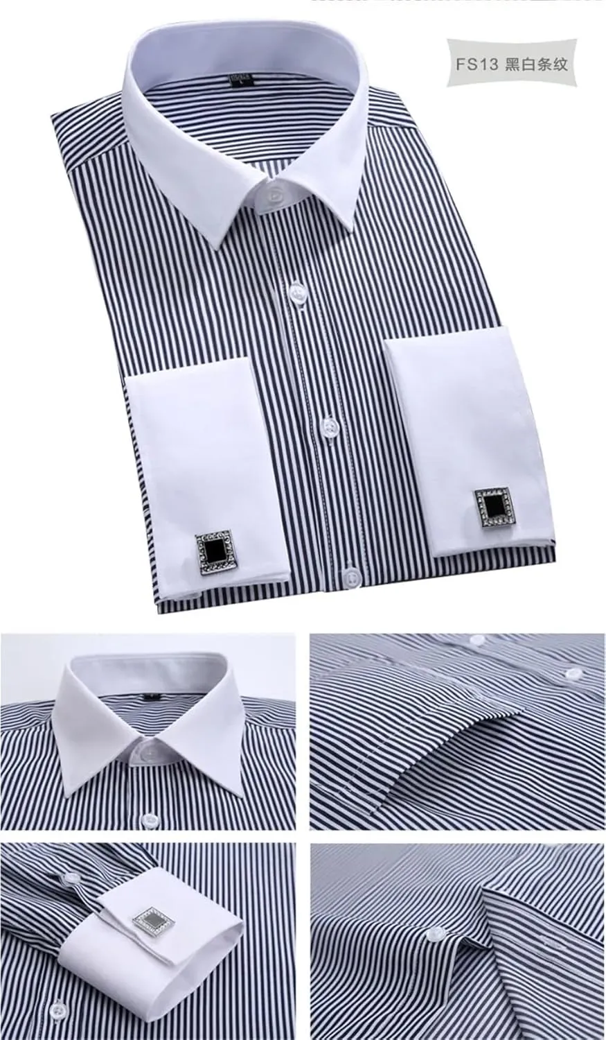 Men Classic French Cuffs Dress Shirt Long Sleeve Covered Placket Formal Business Standard-Fit Office Work Shirts