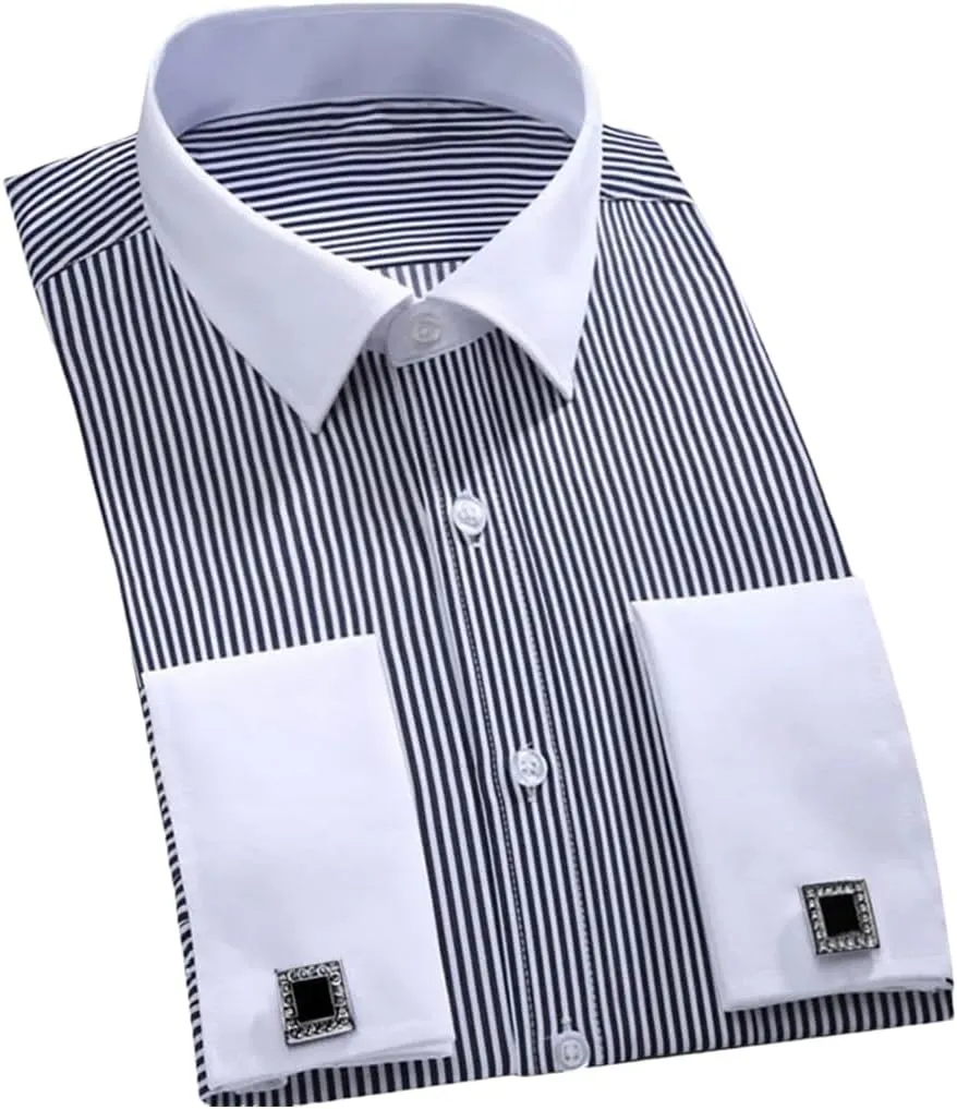 Men Classic French Cuffs Dress Shirt Long Sleeve Covered Placket Formal Business Standard-Fit Office Work Shirts