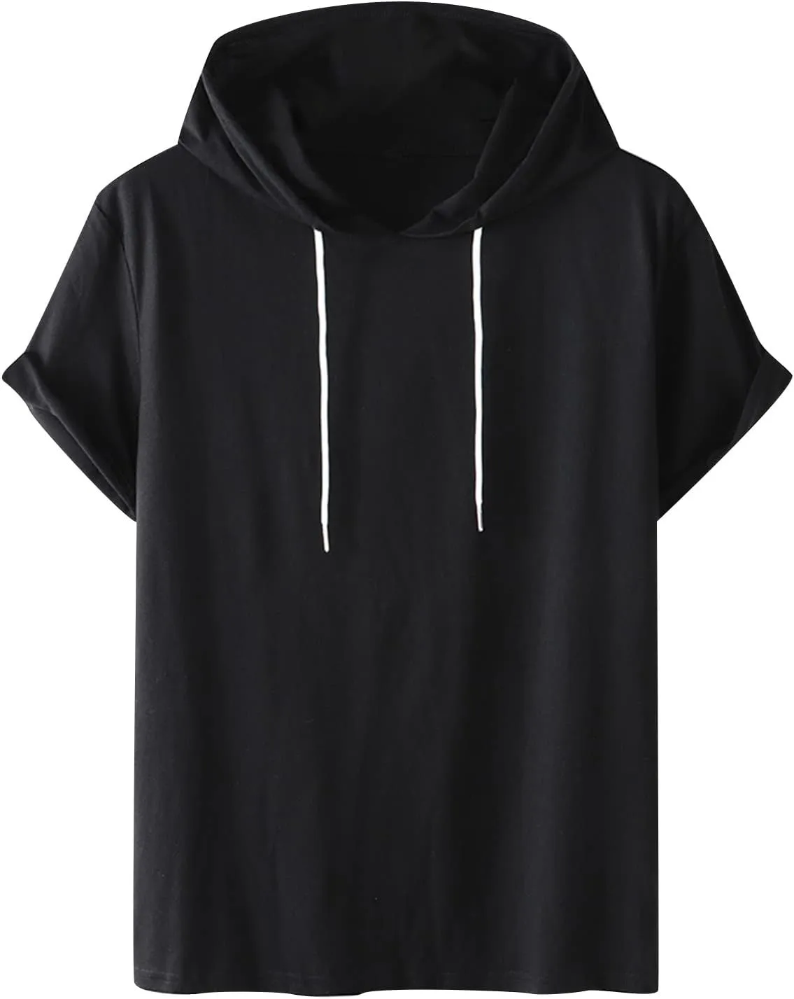 Men's Loose Fit Short Sleeve Active Athletic Hoodie Pullover Sweatshirt Solid Color Drawstring Summer Sports T-Shirt Top
