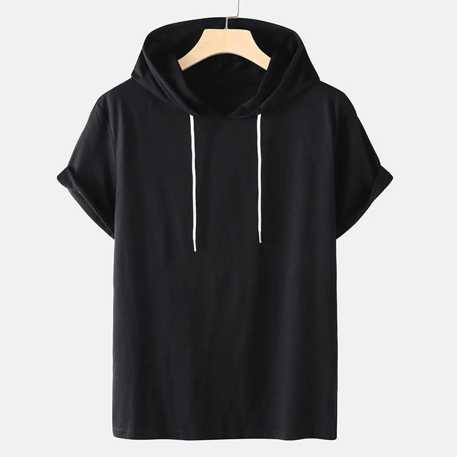 Men's Loose Fit Short Sleeve Active Athletic Hoodie Pullover Sweatshirt Solid Color Drawstring Summer Sports T-Shirt Top