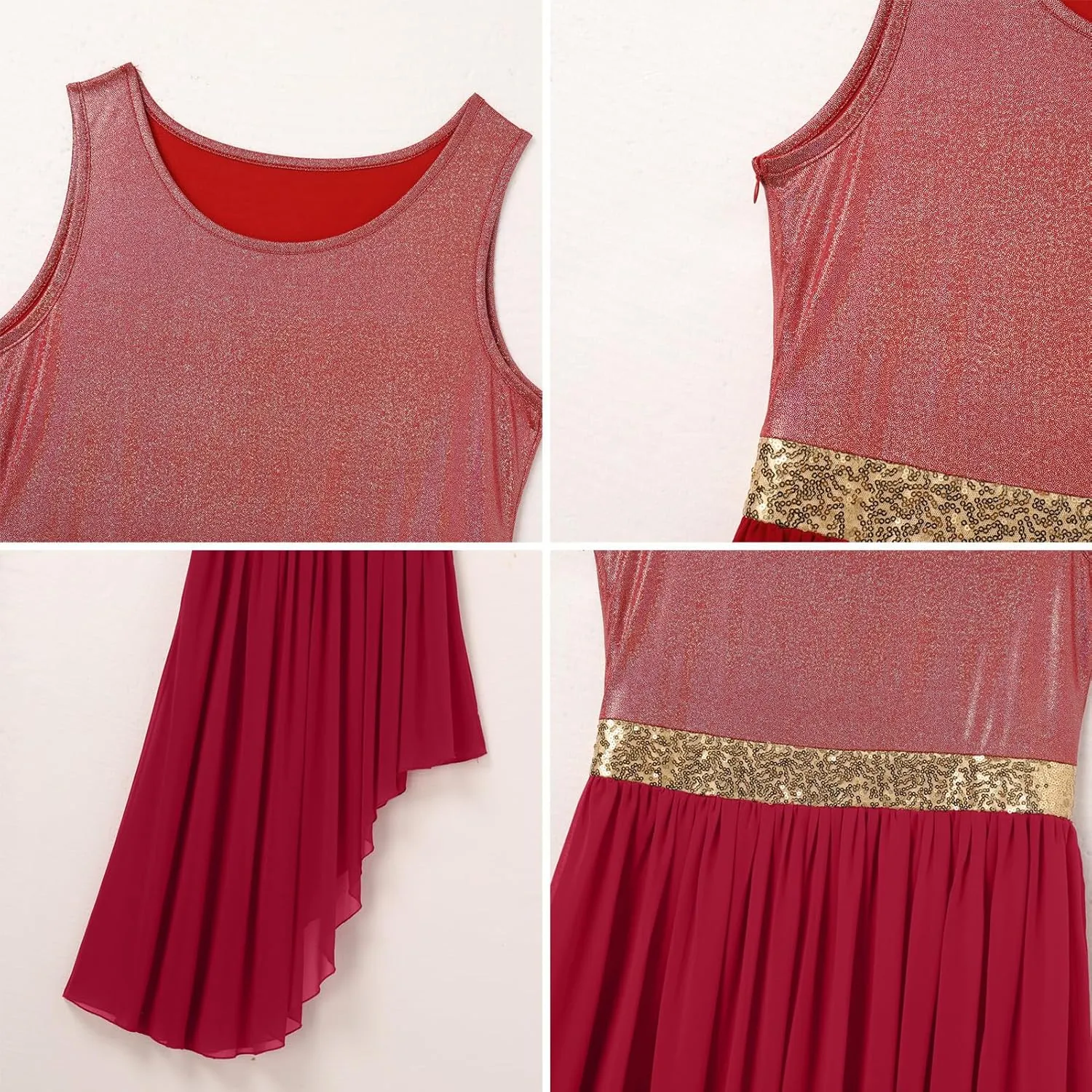 ODASDO Women's Asymmetrical Overlays Dresses Metallic Color Block Praise Lyrical Dance Dress Tunic Irregular Hem Dancewear