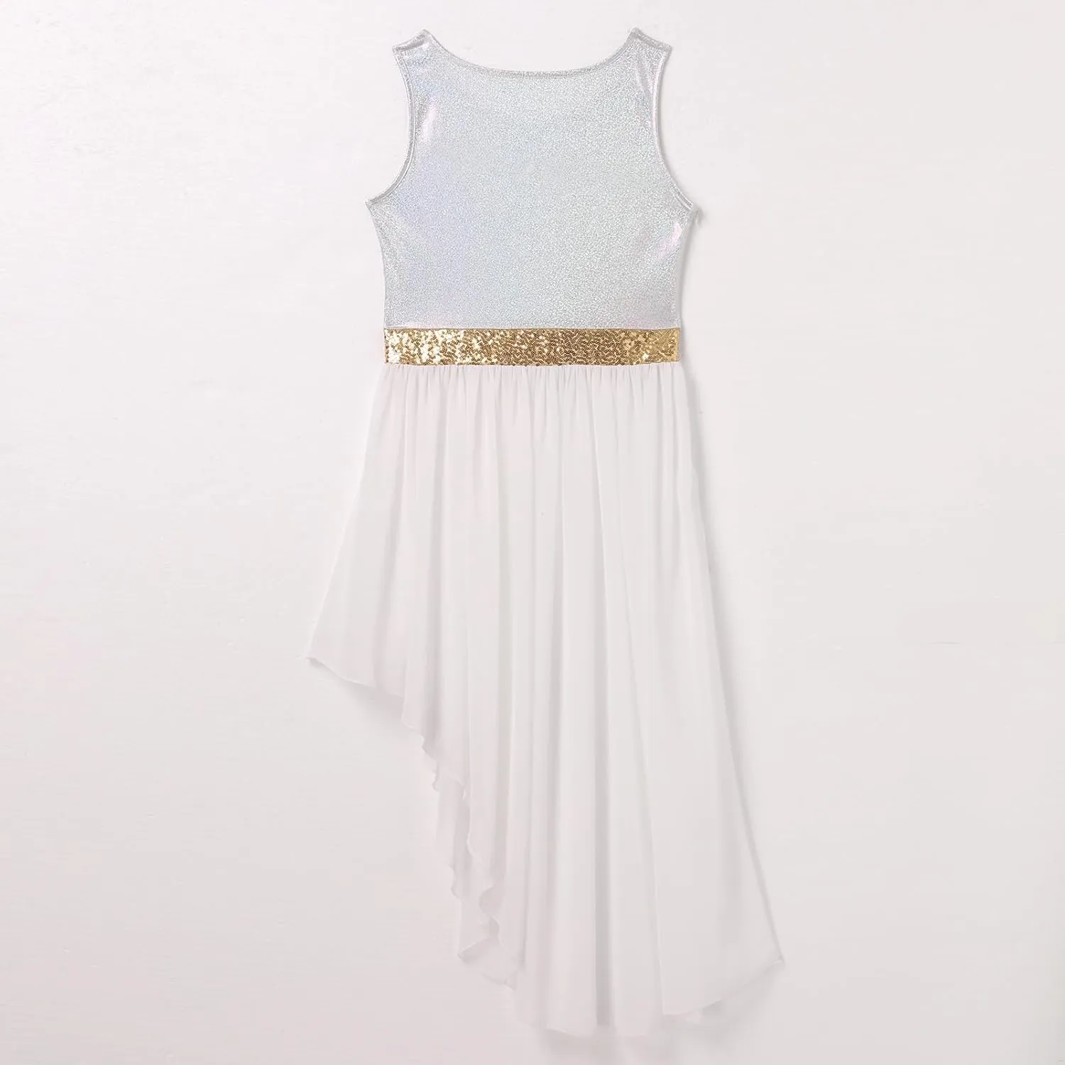 ODASDO Women's Asymmetrical Overlays Dresses Metallic Color Block Praise Lyrical Dance Dress Tunic Irregular Hem Dancewear
