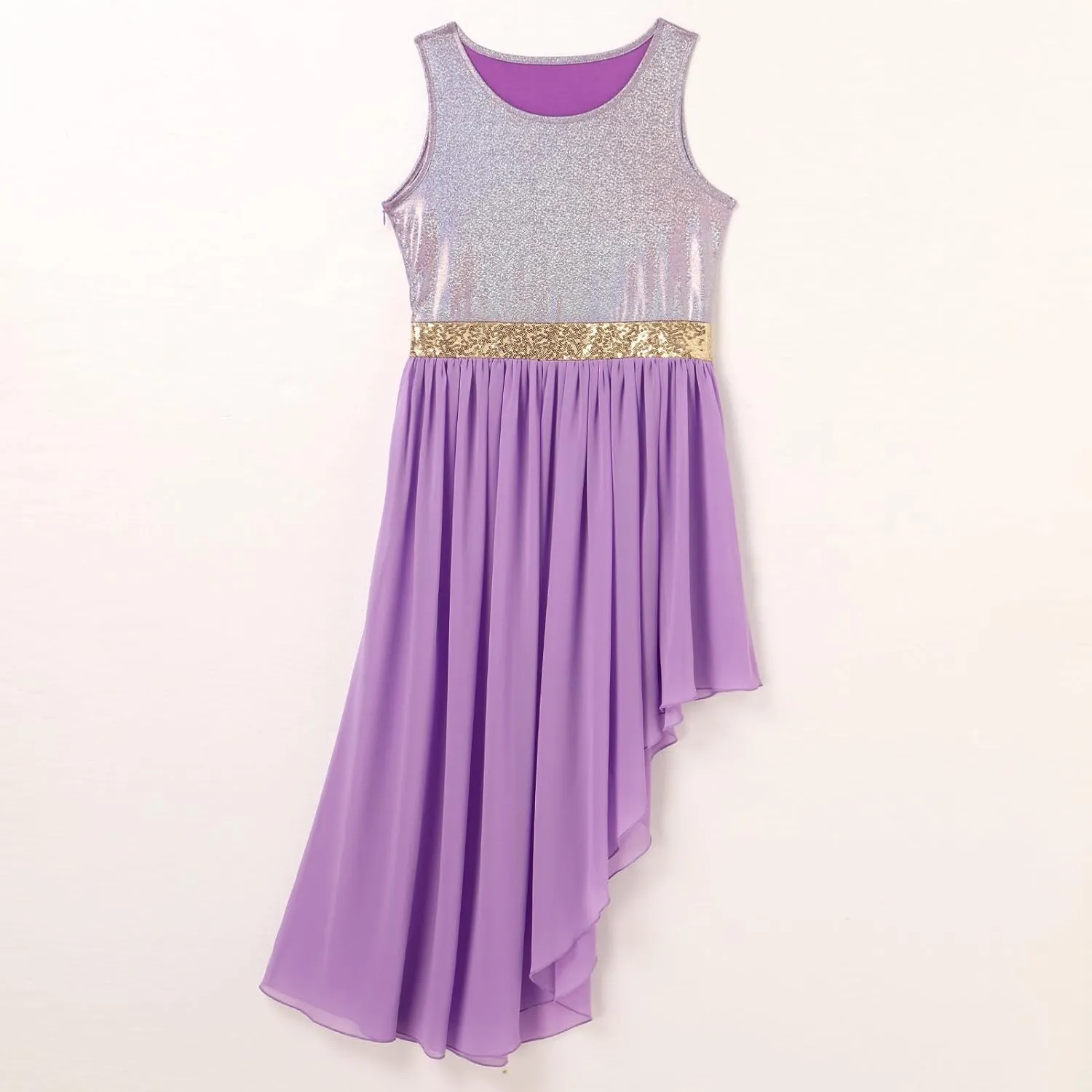 ODASDO Women's Asymmetrical Overlays Dresses Metallic Color Block Praise Lyrical Dance Dress Tunic Irregular Hem Dancewear