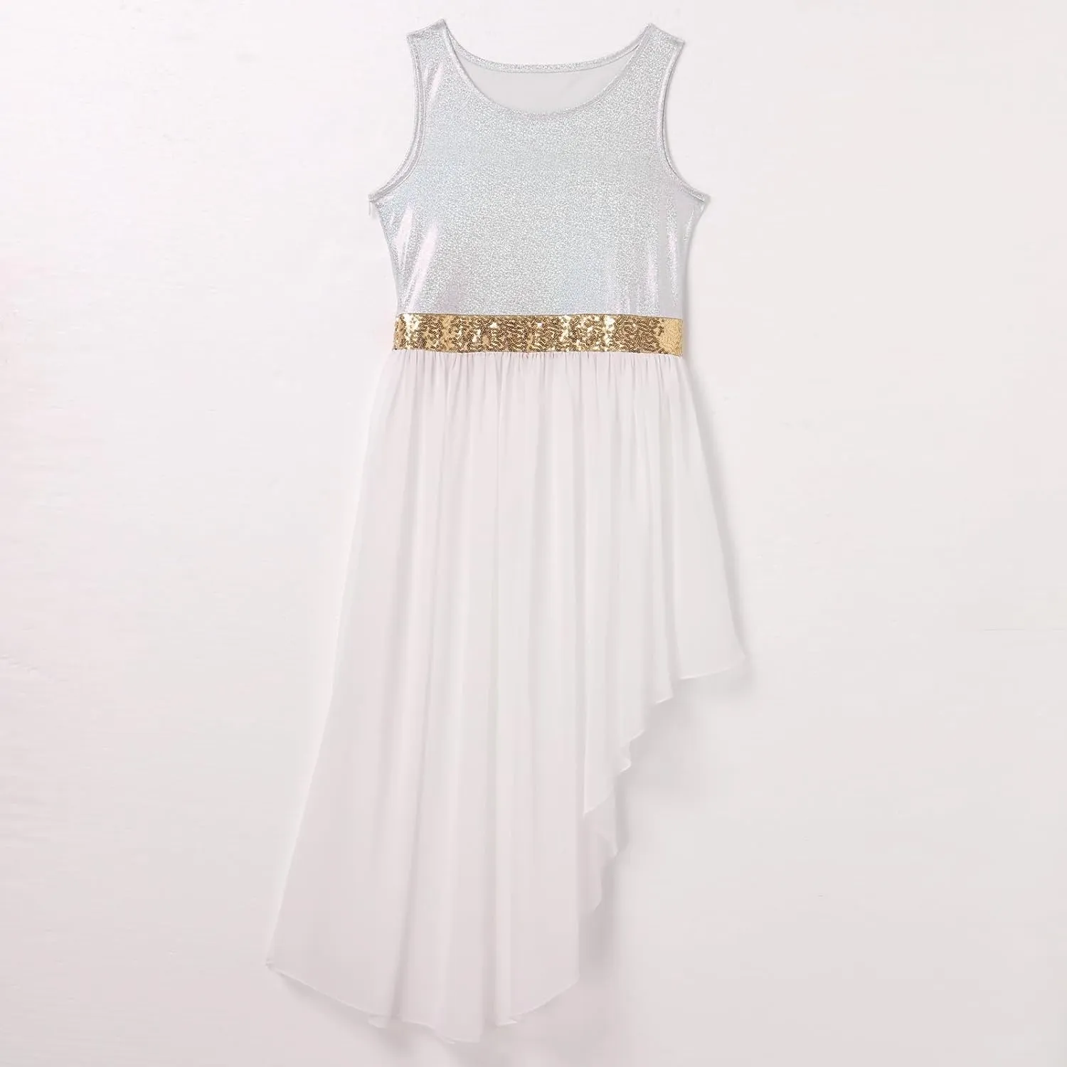 ODASDO Women's Asymmetrical Overlays Dresses Metallic Color Block Praise Lyrical Dance Dress Tunic Irregular Hem Dancewear