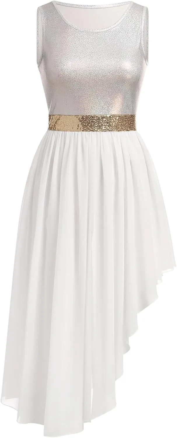 ODASDO Women's Asymmetrical Overlays Dresses Metallic Color Block Praise Lyrical Dance Dress Tunic Irregular Hem Dancewear