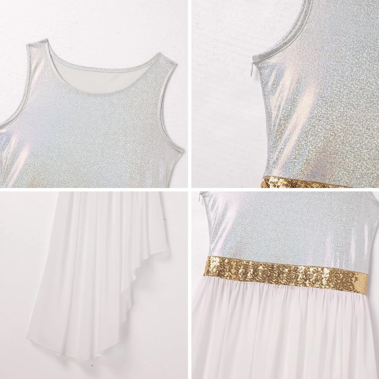 ODASDO Women's Asymmetrical Overlays Dresses Metallic Color Block Praise Lyrical Dance Dress Tunic Irregular Hem Dancewear