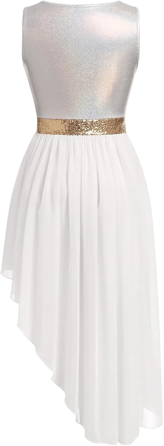 ODASDO Women's Asymmetrical Overlays Dresses Metallic Color Block Praise Lyrical Dance Dress Tunic Irregular Hem Dancewear