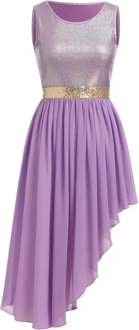 ODASDO Women's Asymmetrical Overlays Dresses Metallic Color Block Praise Lyrical Dance Dress Tunic Irregular Hem Dancewear