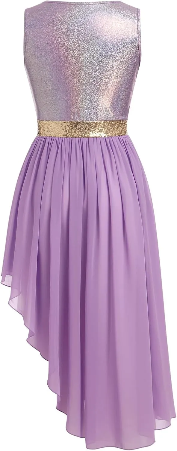 ODASDO Women's Asymmetrical Overlays Dresses Metallic Color Block Praise Lyrical Dance Dress Tunic Irregular Hem Dancewear