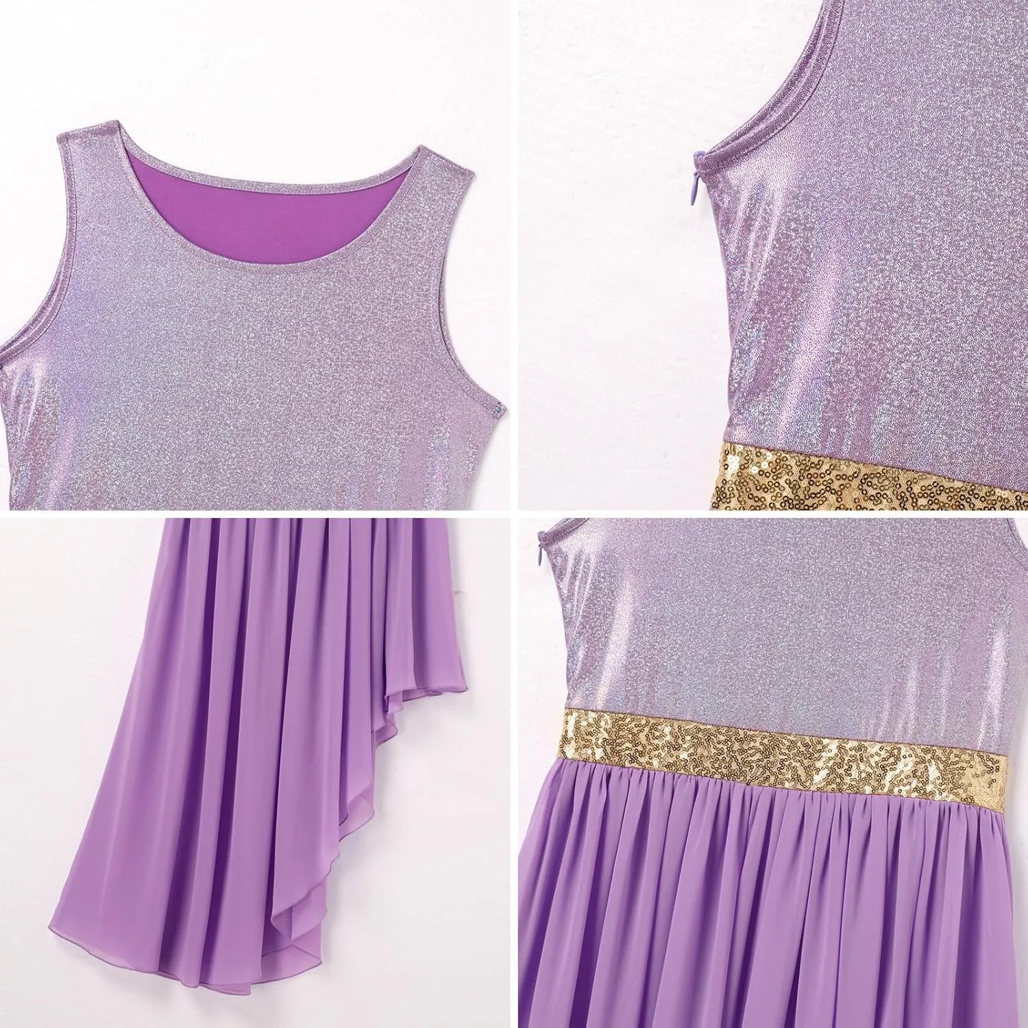 ODASDO Women's Asymmetrical Overlays Dresses Metallic Color Block Praise Lyrical Dance Dress Tunic Irregular Hem Dancewear