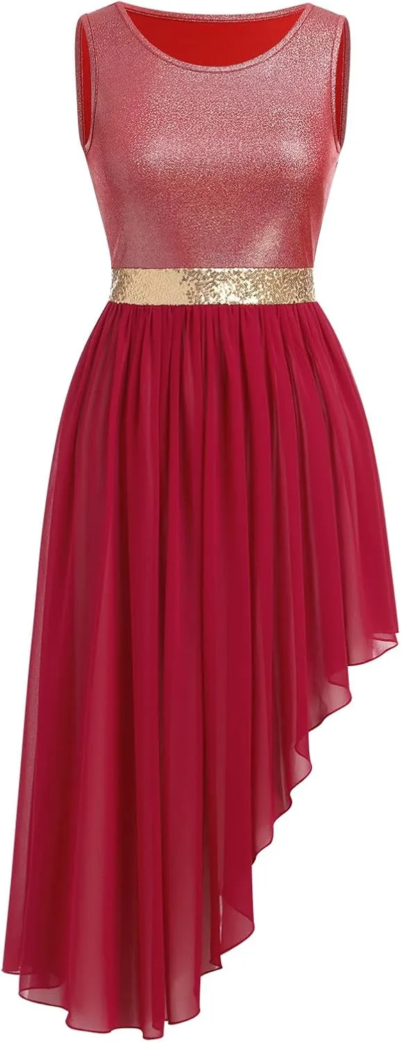 ODASDO Women's Asymmetrical Overlays Dresses Metallic Color Block Praise Lyrical Dance Dress Tunic Irregular Hem Dancewear