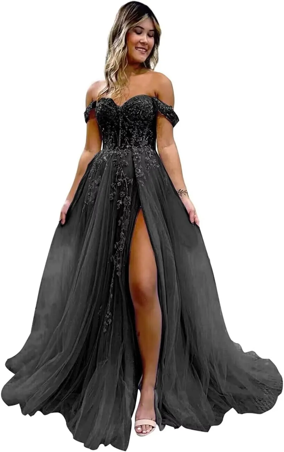 Off The Shoulder Tulle Prom Dresses with Slit Laces Applique Sweetheart Long Evening Party Dress