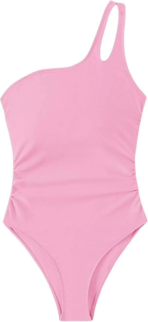 One Shoulder Swimsuits for Women High Cut Ruched One Piece Swimwear Backless Tummy Control Modest Bathing Suits