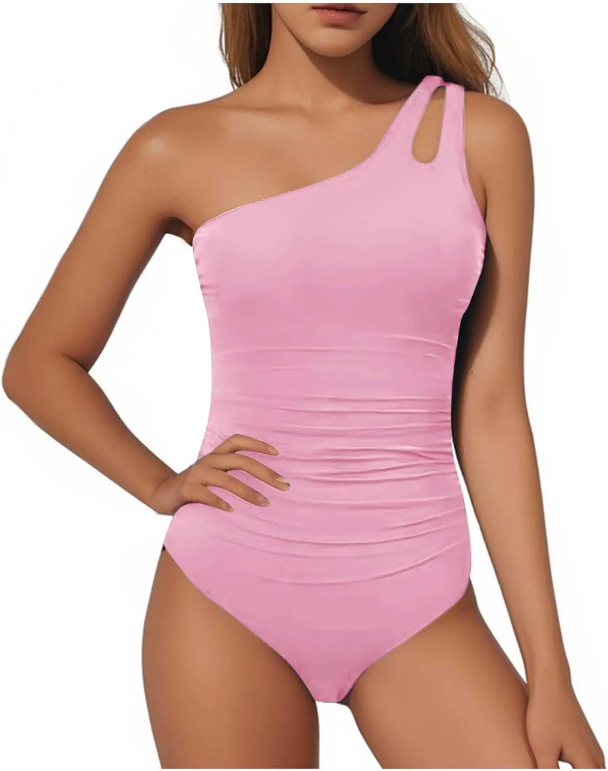 One Shoulder Swimsuits for Women High Cut Ruched One Piece Swimwear Backless Tummy Control Modest Bathing Suits