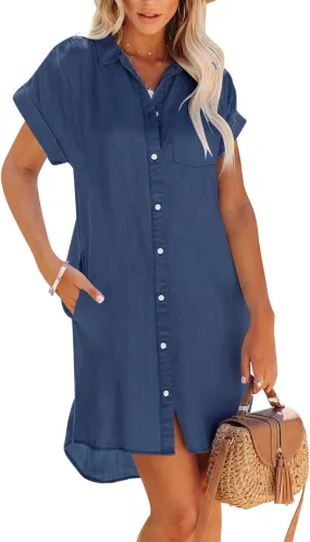 Paintcolors Women's Long Sleeve Silk Denim Button Up Dresses Shirt Tunics Cover-ups Oversized Blouse Tops with Pockets