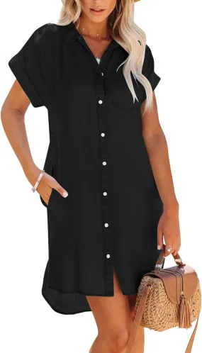 Paintcolors Women's Long Sleeve Silk Denim Button Up Dresses Shirt Tunics Cover-ups Oversized Blouse Tops with Pockets