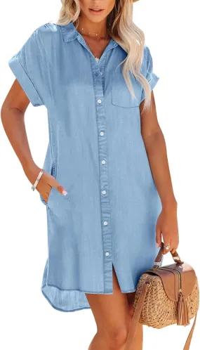 Paintcolors Women's Long Sleeve Silk Denim Button Up Dresses Shirt Tunics Cover-ups Oversized Blouse Tops with Pockets