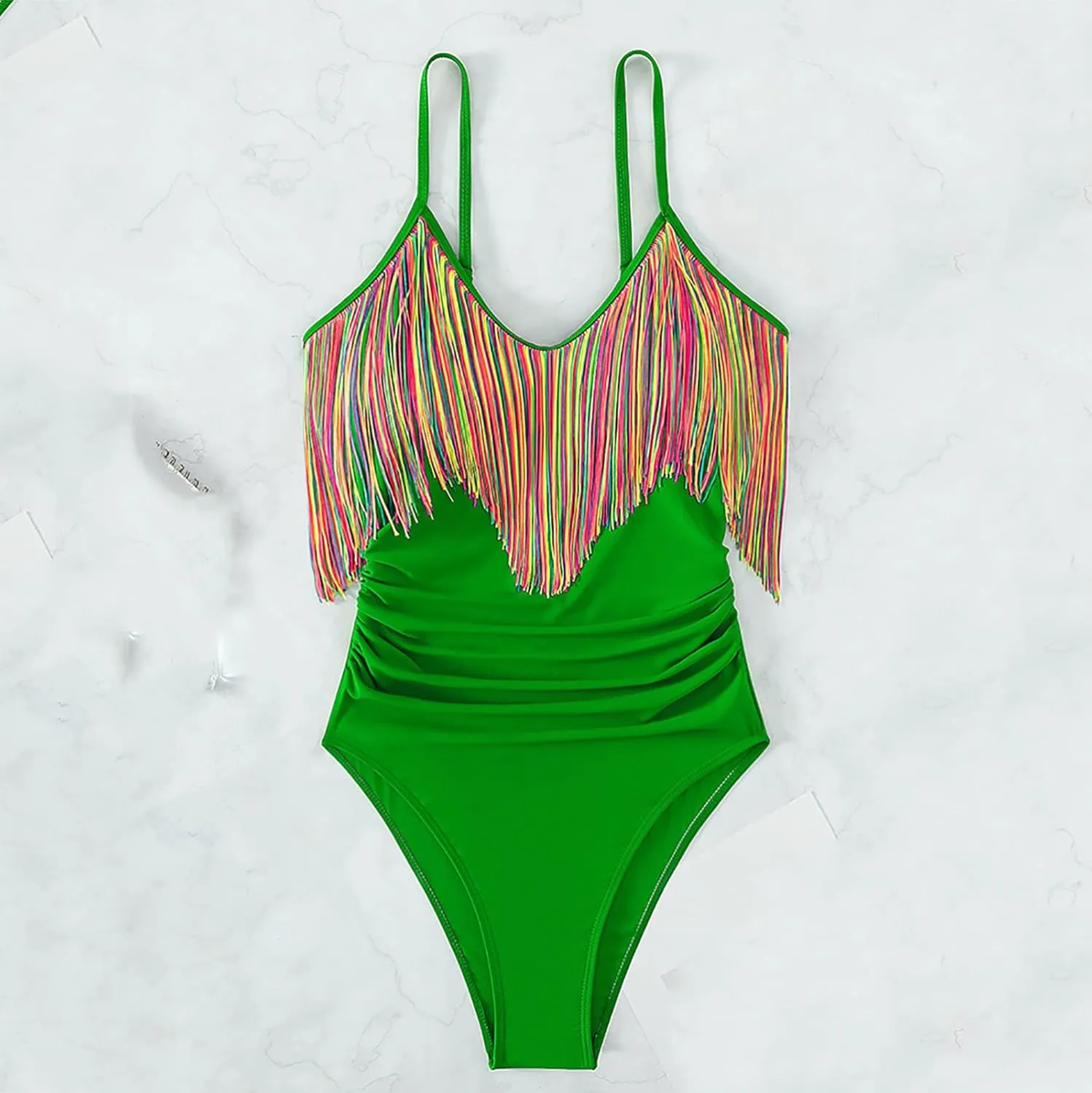 Tassel One Piece Swimsuits Women Scoop Neck High Cut Sexy Bathing Suits Tummy Control Backless Slimming Swimwear