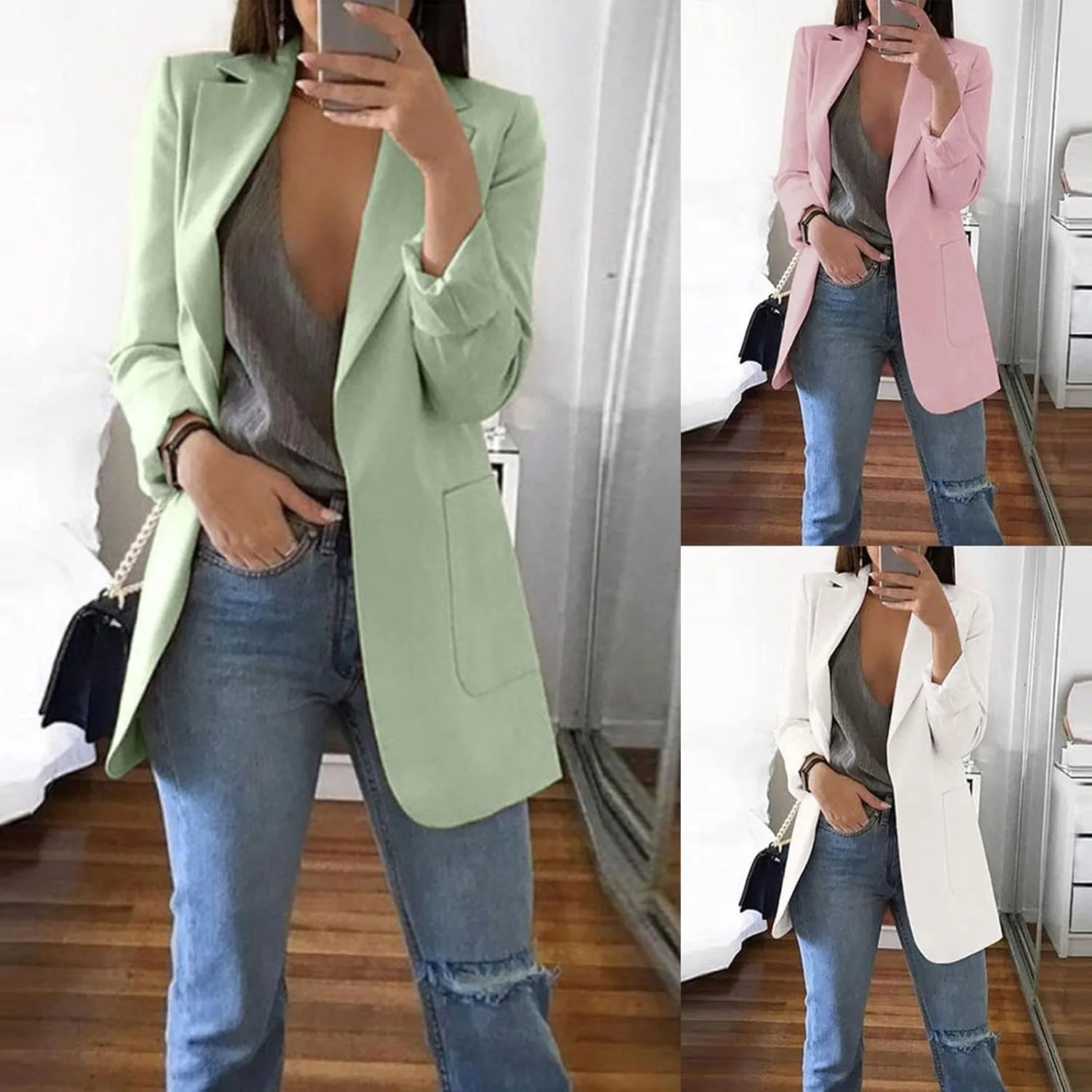 Wkishenl Women Blazers for Work Casual Long Sleeve Lapel Cardigan Plus Size Business Open Front Blazer Loose Solid Jacket