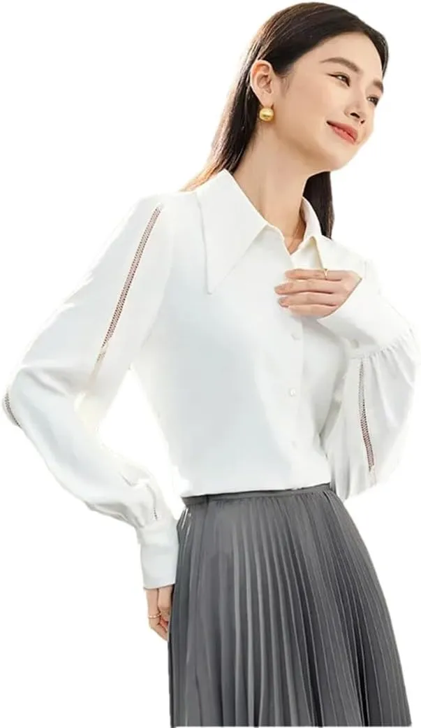 Women Hollow Out Casual Shirt Lapel Button Up Long Sleeve Blouses Business Formal Loose Top
