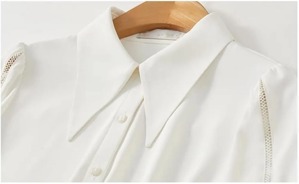 Women Hollow Out Casual Shirt Lapel Button Up Long Sleeve Blouses Business Formal Loose Top