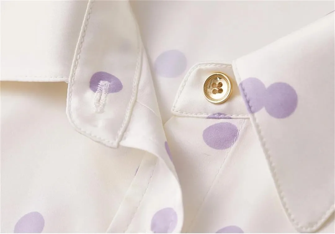 Women Polka Dots Lapel Shirts Office Lady Casual Long Sleeve Blouses Formal Profession Top