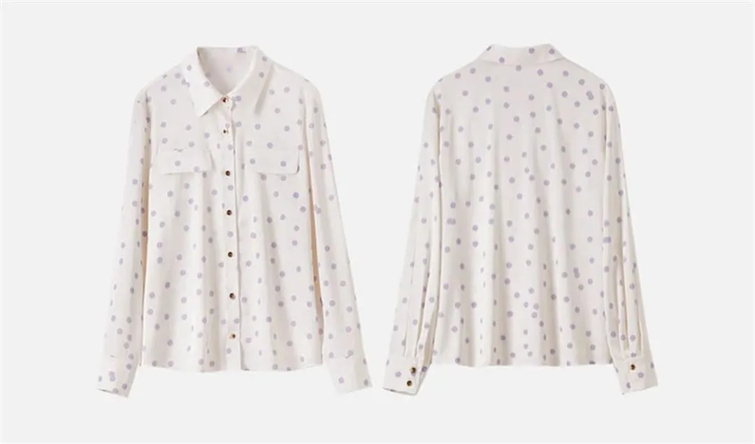 Women Polka Dots Lapel Shirts Office Lady Casual Long Sleeve Blouses Formal Profession Top