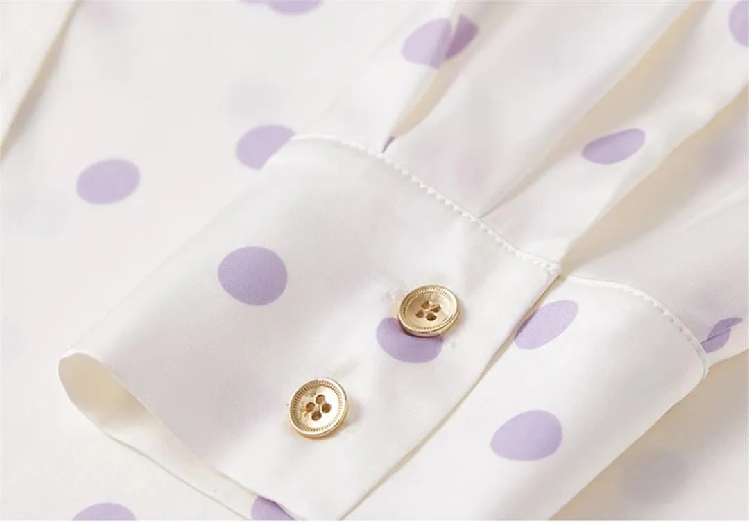 Women Polka Dots Lapel Shirts Office Lady Casual Long Sleeve Blouses Formal Profession Top