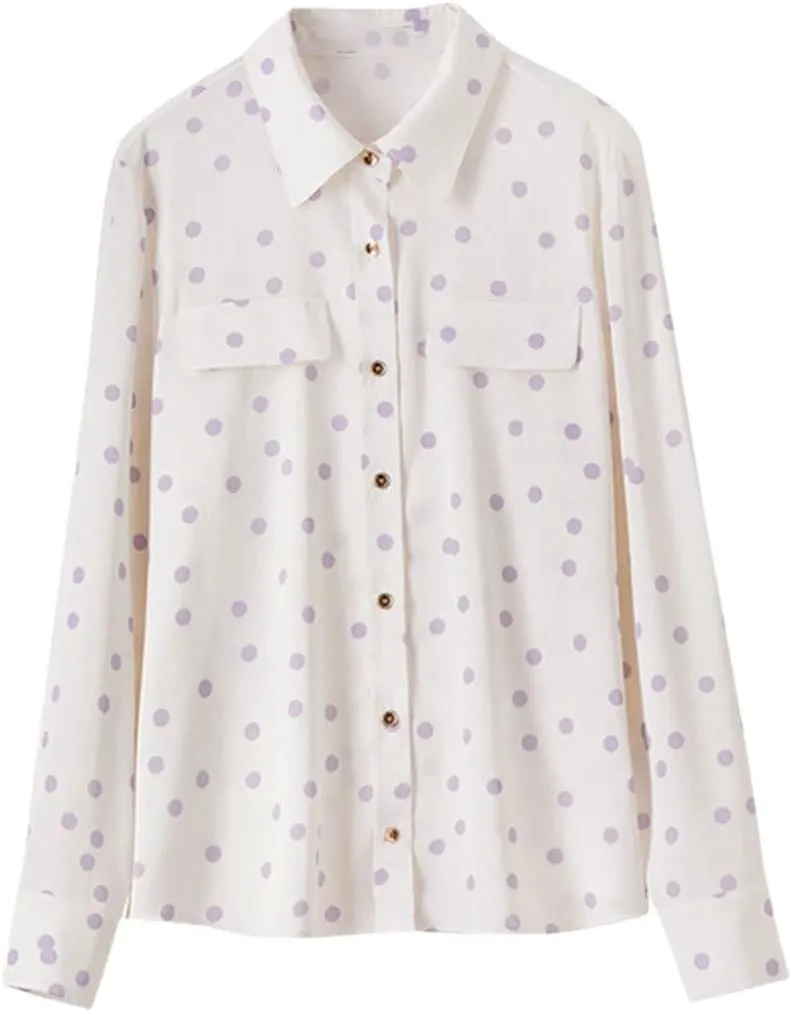 Women Polka Dots Lapel Shirts Office Lady Casual Long Sleeve Blouses Formal Profession Top