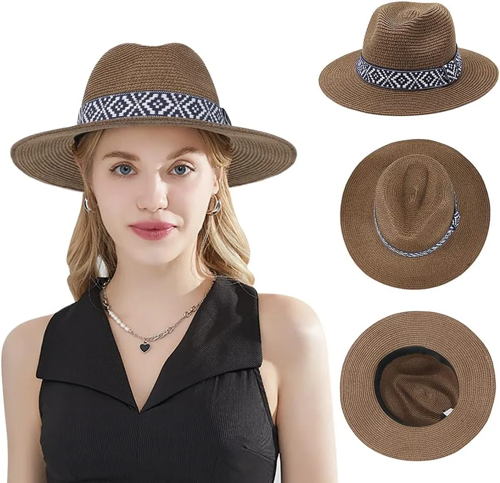 Women Straw Sun Hat Wide Brim Panama Foldable Beach Sun Hat Stylish Summer Fedora Travel Straw Hat Classic Sun Protection Hat