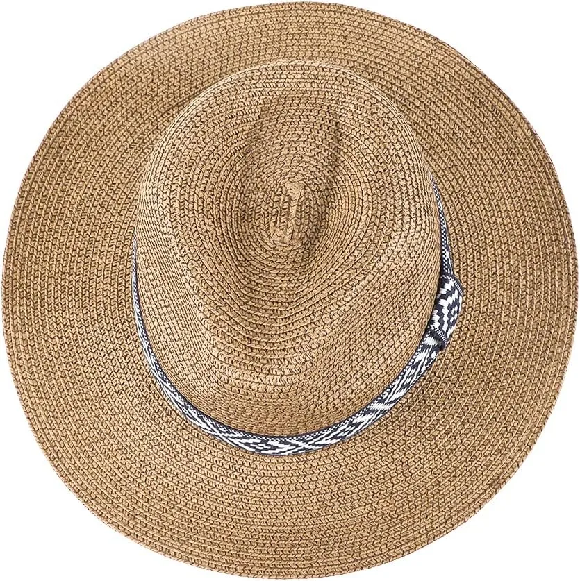 Women Straw Sun Hat Wide Brim Panama Foldable Beach Sun Hat Stylish Summer Fedora Travel Straw Hat Classic Sun Protection Hat