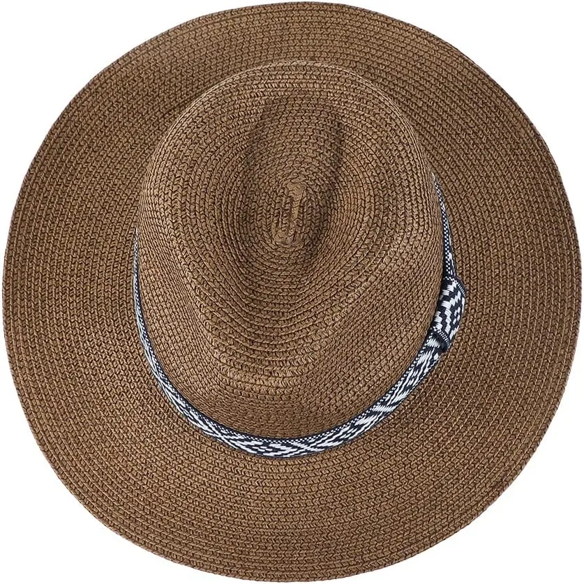 Women Straw Sun Hat Wide Brim Panama Foldable Beach Sun Hat Stylish Summer Fedora Travel Straw Hat Classic Sun Protection Hat
