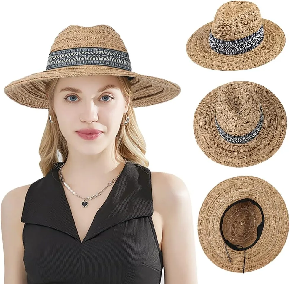 Women Straw Sun Hat Wide Brim Panama Foldable Beach Sun Hat Stylish Summer Fedora Travel Straw Hat Classic Sun Protection Hat
