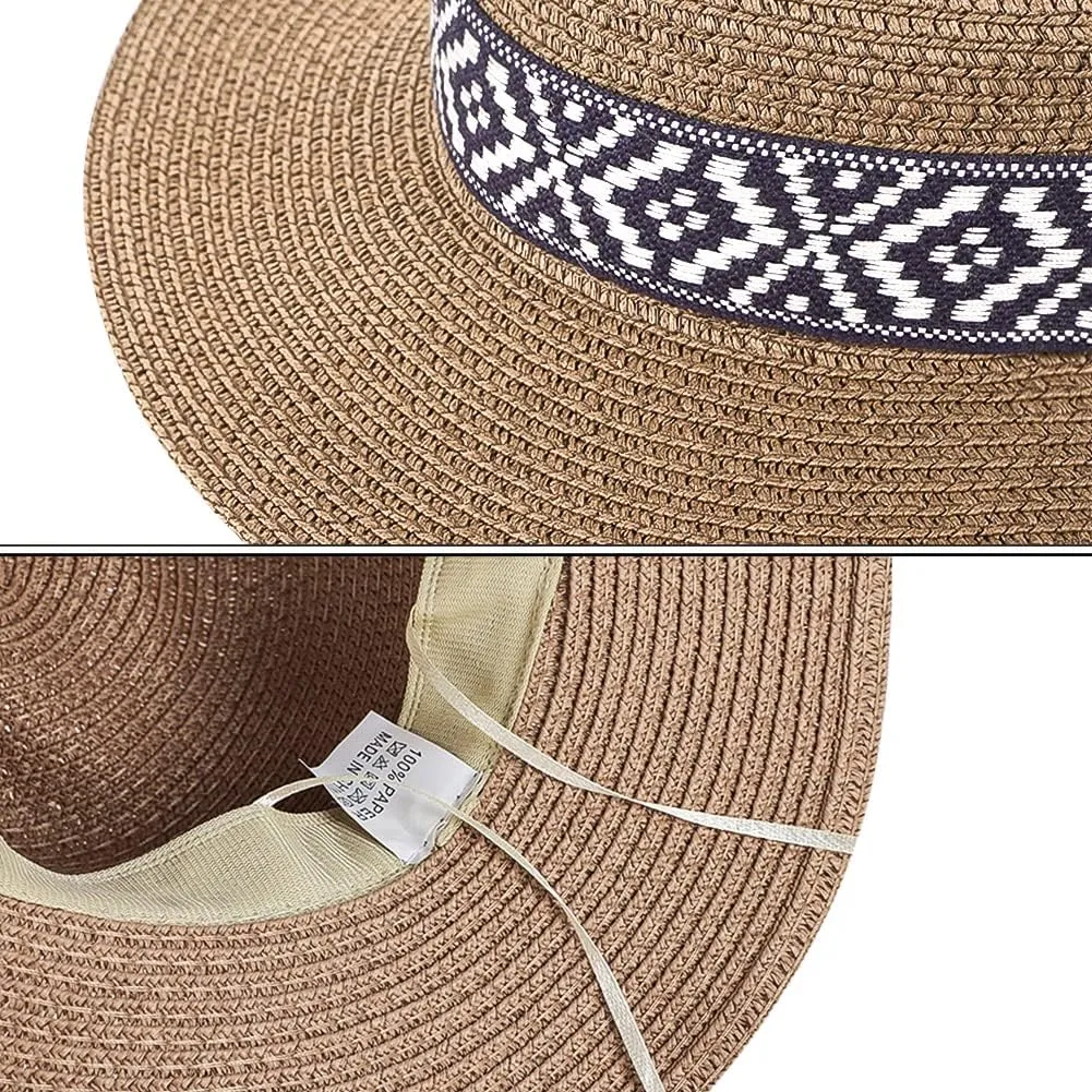 Women Straw Sun Hat Wide Brim Panama Foldable Beach Sun Hat Stylish Summer Fedora Travel Straw Hat Classic Sun Protection Hat